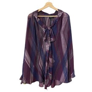 Lane Bryant 26 28 tie bow Purple and Blue Patterned Blouse flowy retro